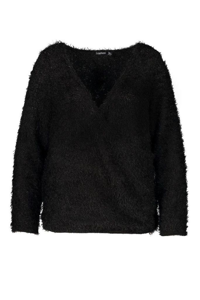 Womens Plus Wrap Front Fluffy Knit Jumper - black - 20, Black