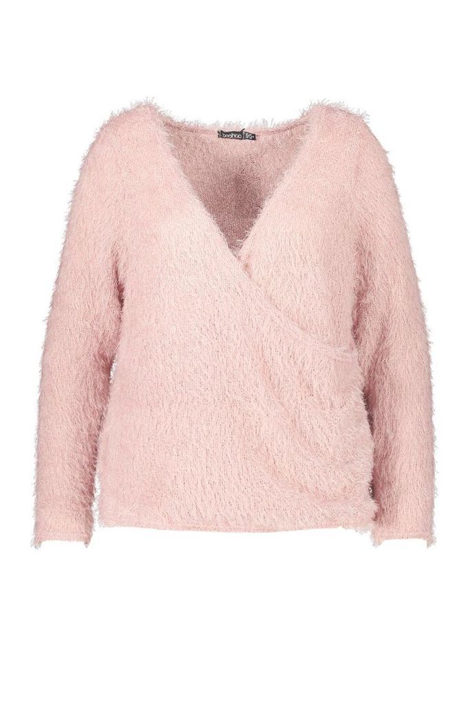 Womens Plus Wrap Front Fluffy Knit Jumper - pink - 16, Pink