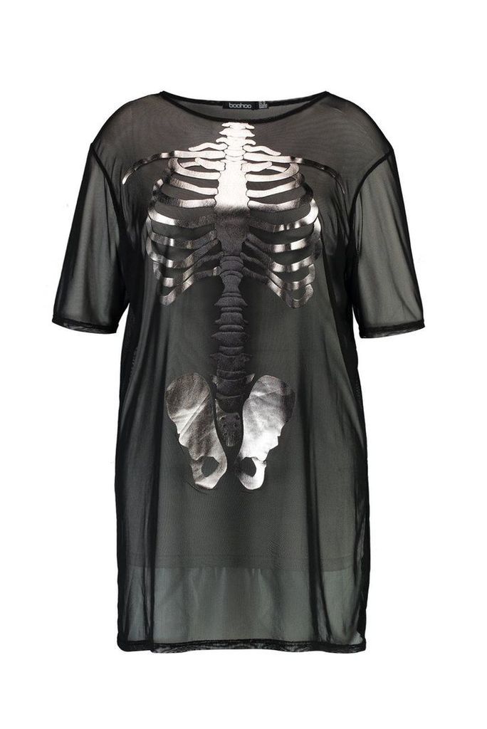 Womens Plus Amber Halloween Mesh Skeleton T-Shirt Dress - black - 18, Black