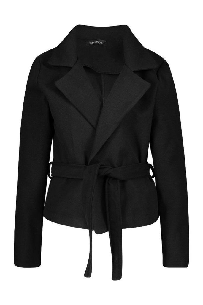 Womens Crop Belted Wrap Wool Look Coat - black - 8, Black