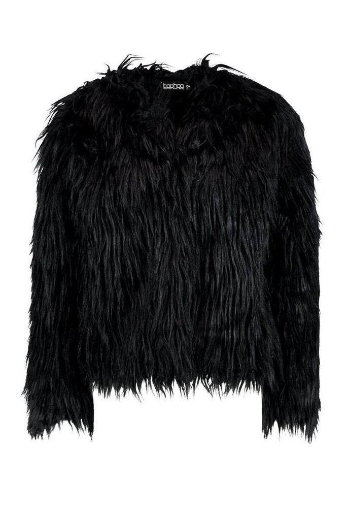 Womens Shaggy Faux Fur Coat - black - 8, Black