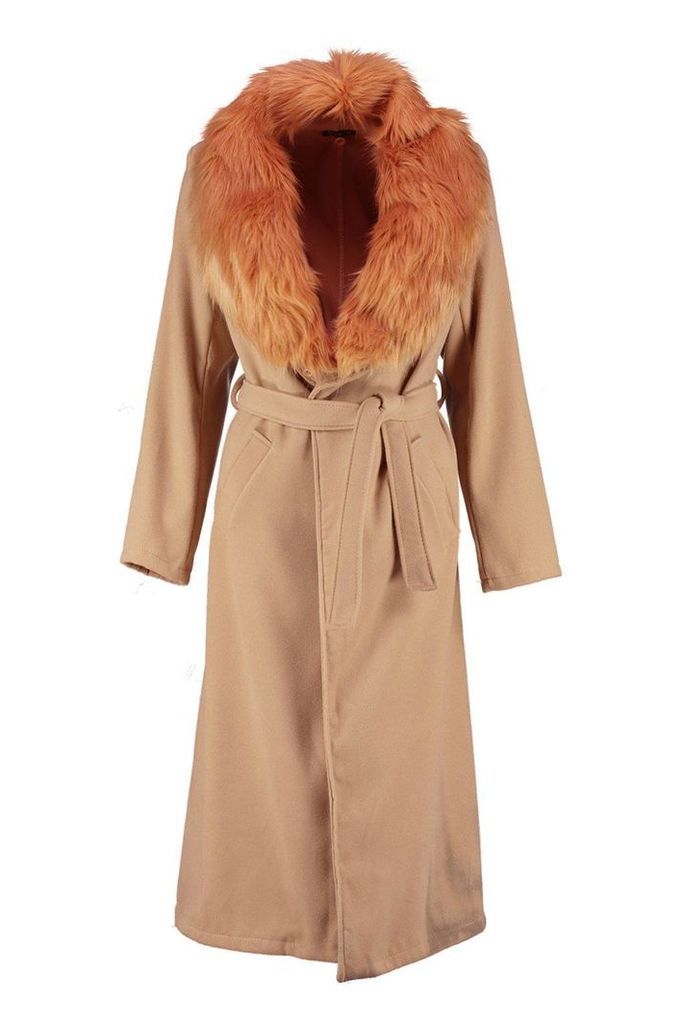 Womens Detachable Faux Fur Collar Wool Look Coat - beige - M, Beige