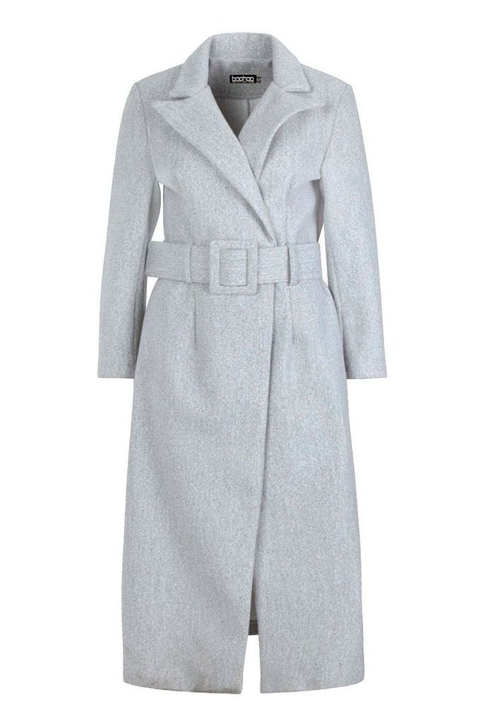 Womens Covered Belt Wool Look Coat - grey - 12, Grey