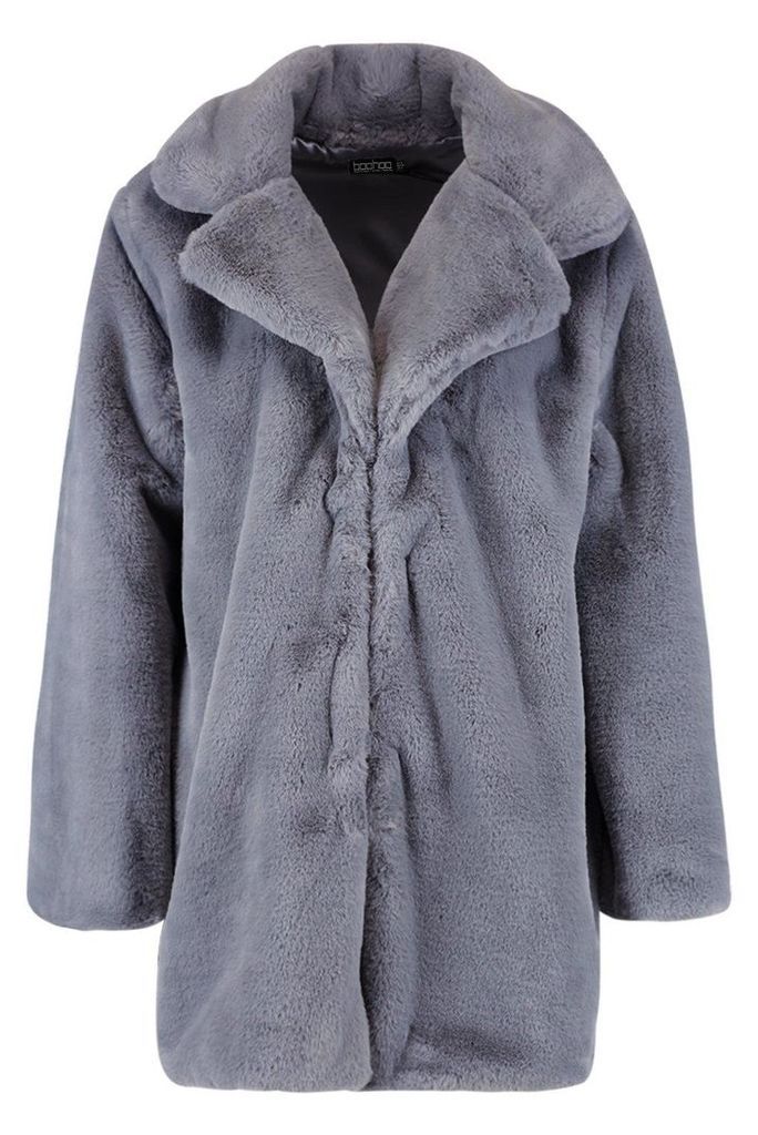 Womens Revere Collar Faux Fur Coat - grey - 12, Grey
