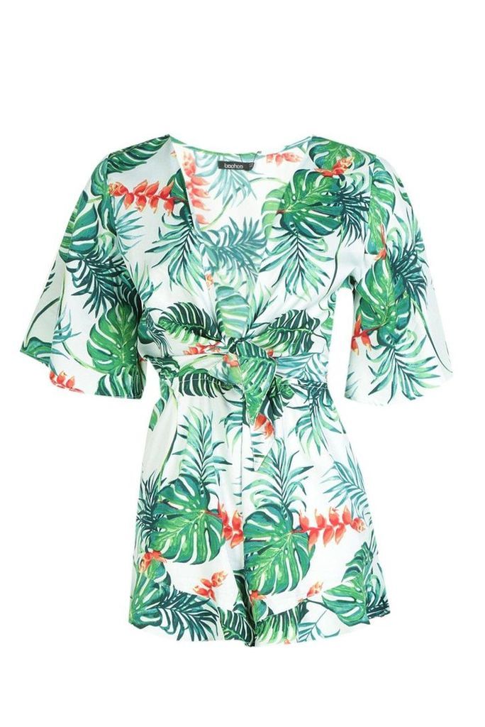 Womens Palm Print Tie Front Playsuit - green - 10, Green