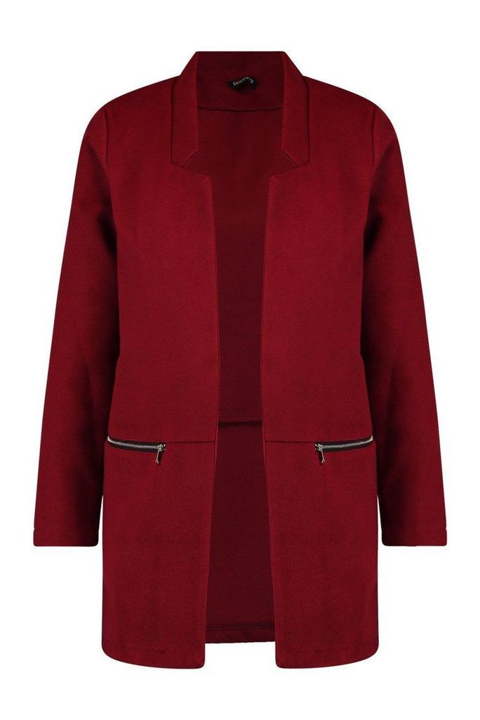Womens Zip Pocket Wool Look Coat - red - L, Red