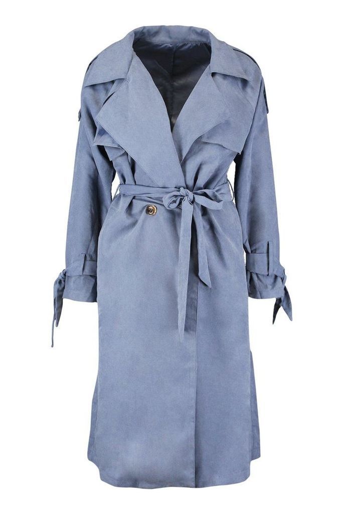 Womens Suedette Belted Trench - grey - S, Grey