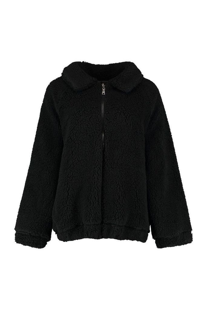 Womens Collared Teddy Faux Fur Coat - black - L, Black