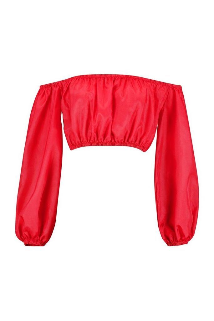 Womens Balloon Sleeve Shellsuit Bardot Top - red - 14, Red