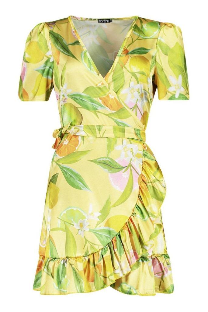 Womens Satin Fruit Print Wrap Dress - yellow - 10, Yellow
