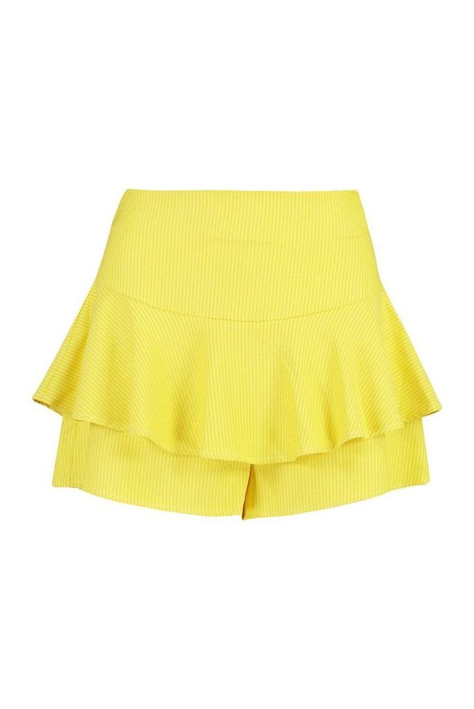 Womens Double Ruffle Woven Shorts - yellow - 12, Yellow
