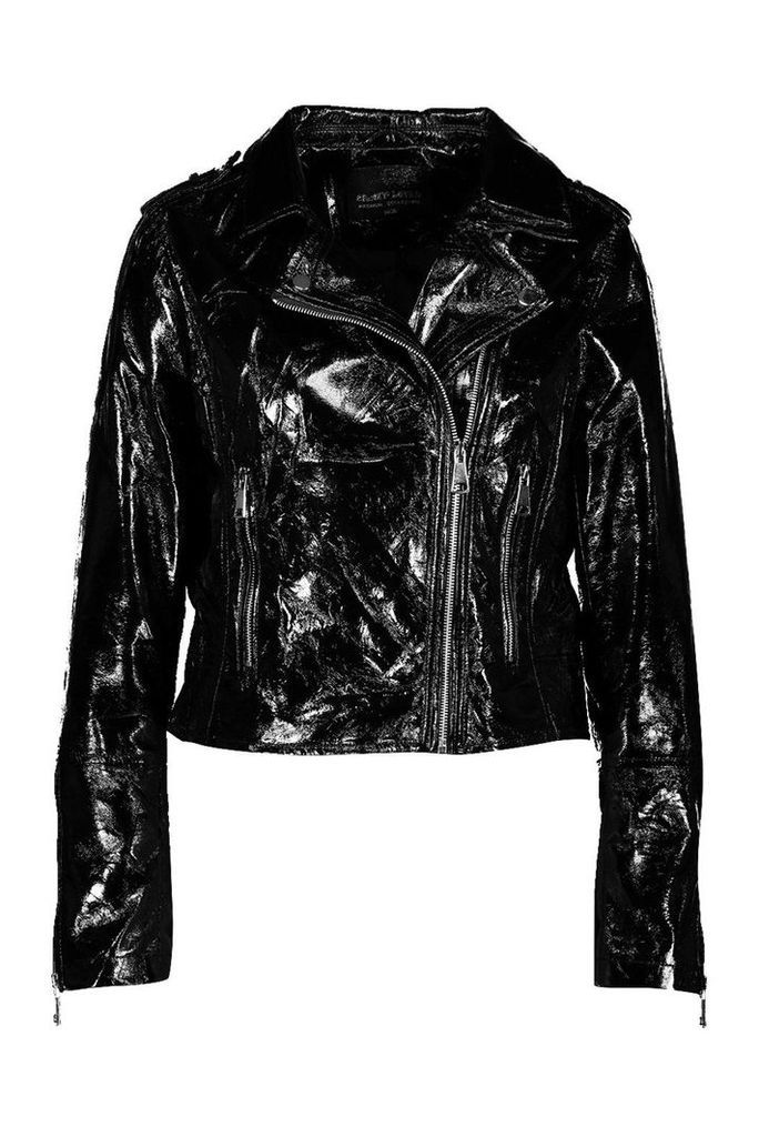 Womens Vinyl Biker Jacket - black - S, Black