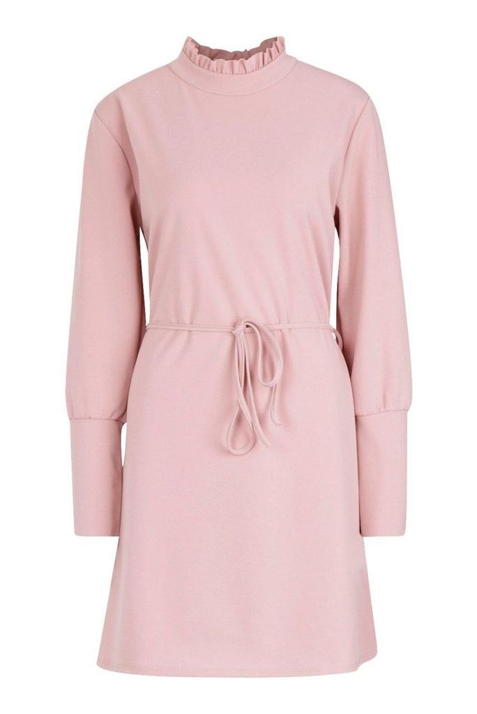 Womens Frill Neck Button Sleeve Shift Dress - pink - S, Pink