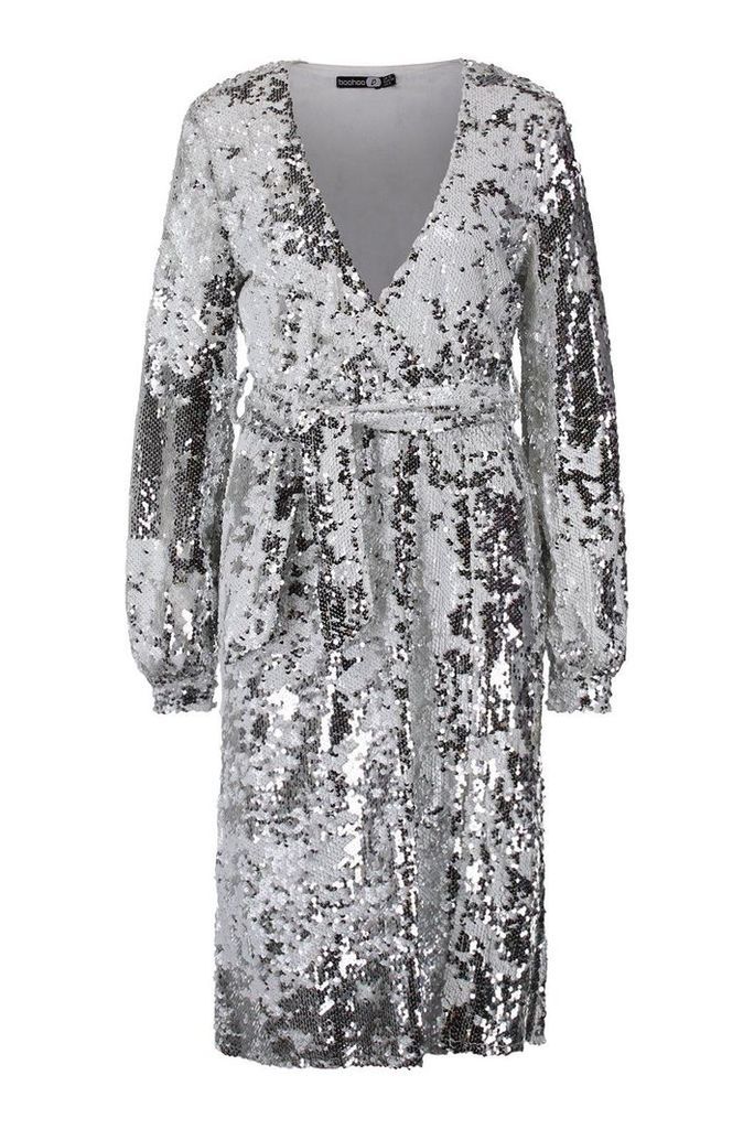 Womens Sequin Plunge Belted Midi Dress - grey - 8, Grey