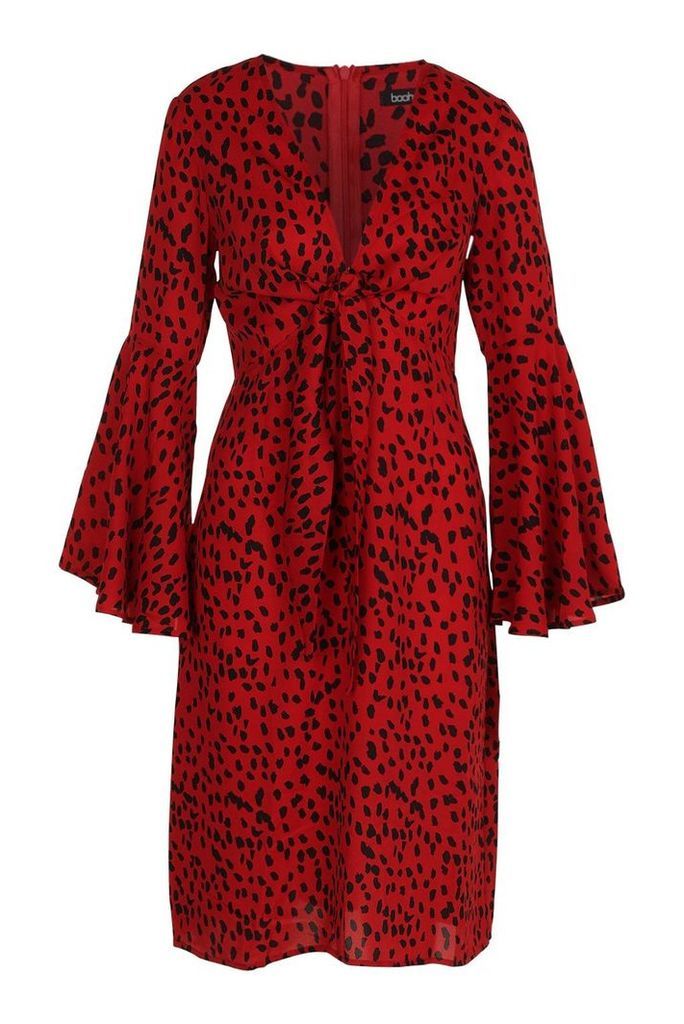 Womens Knot Front Cheetah Print Midi Dress - red - 12, Red
