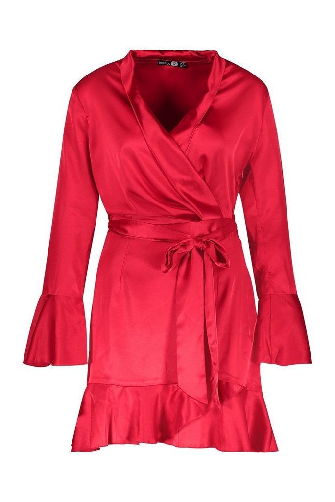Womens Satin Frill Detail Wrap Skater Dress - red - 8, Red