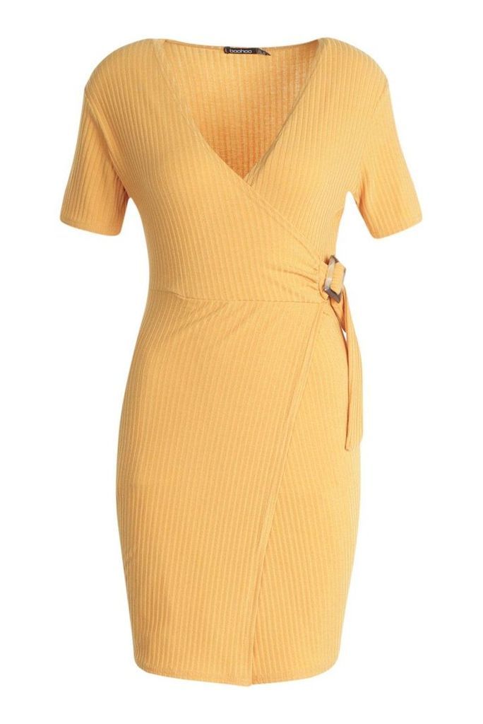 Womens Wrap Rib Tort Shell Dress - yellow - 12, Yellow