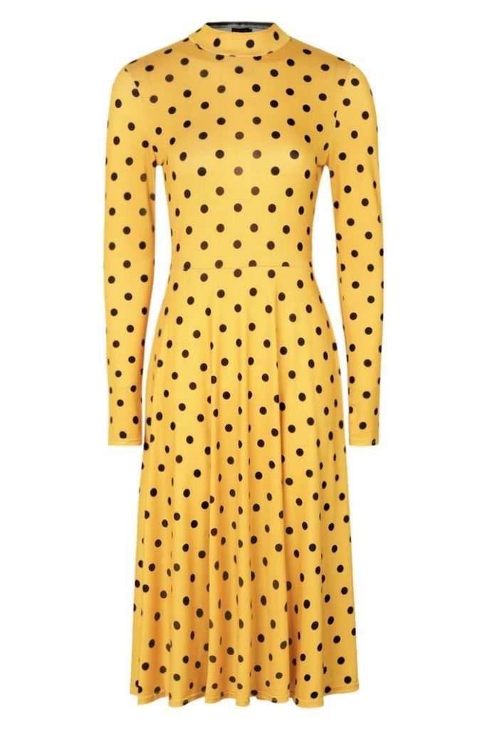 Womens High Neck Long Sleeve Polka Dot Midi Dress - yellow - 14, Yellow