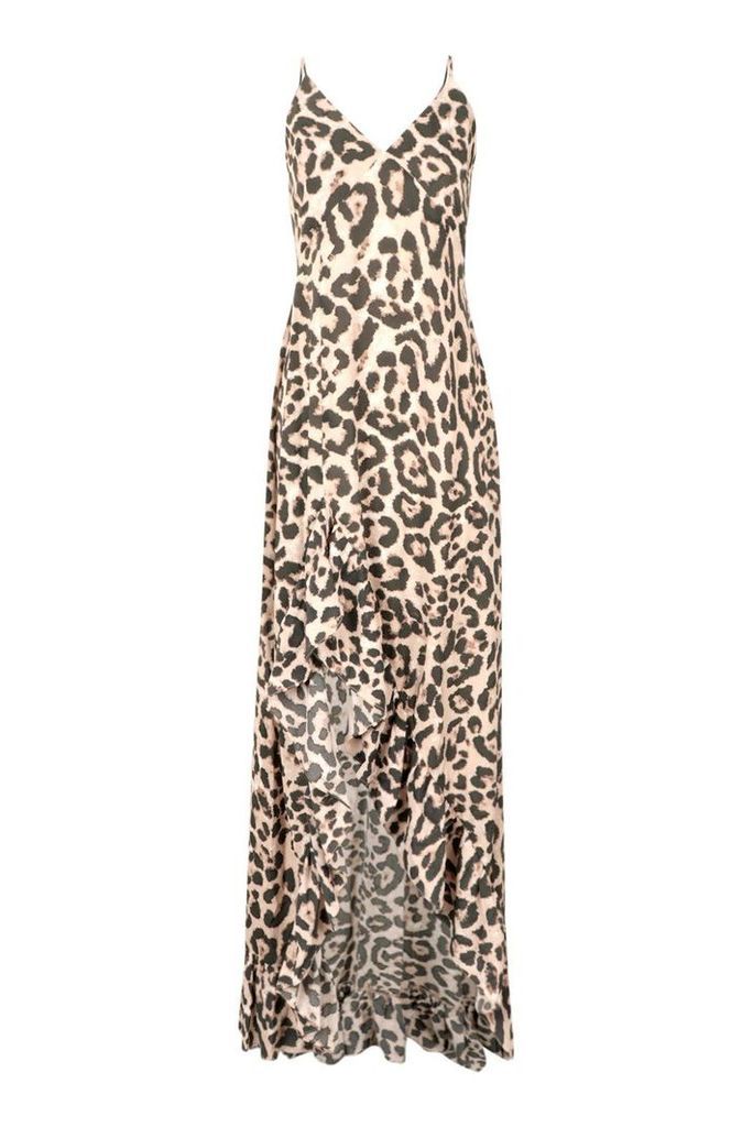 Womens Leopard Strappy Ruffle Maxi Dress - brown - 8, Brown
