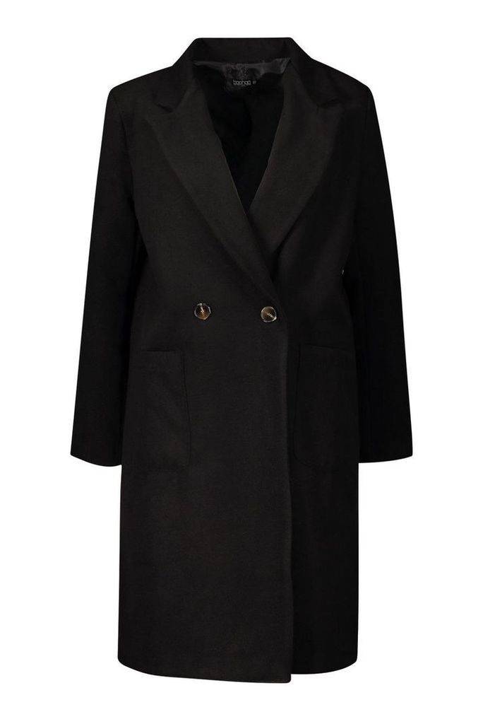 Womens Double Breasted Pocket Wool Look Coat - black - 12, Black