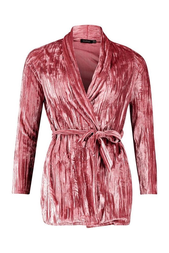 Womens Pleated Belted Velvet Blazer - pink - 12, Pink