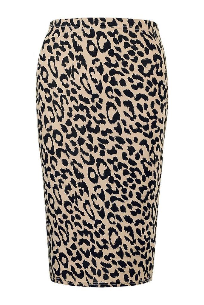 Womens Petite Leopard Print Midi Skirt - brown - 6, Brown