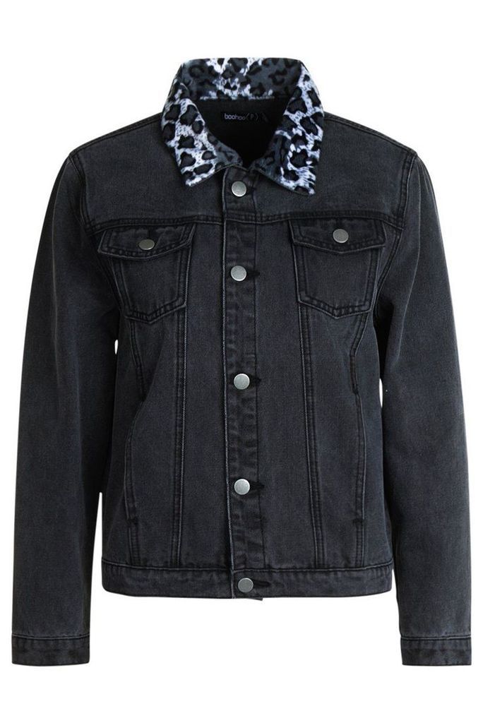 Womens Petite Animal Print Collar Oversized Jacket - Black - 4, Black
