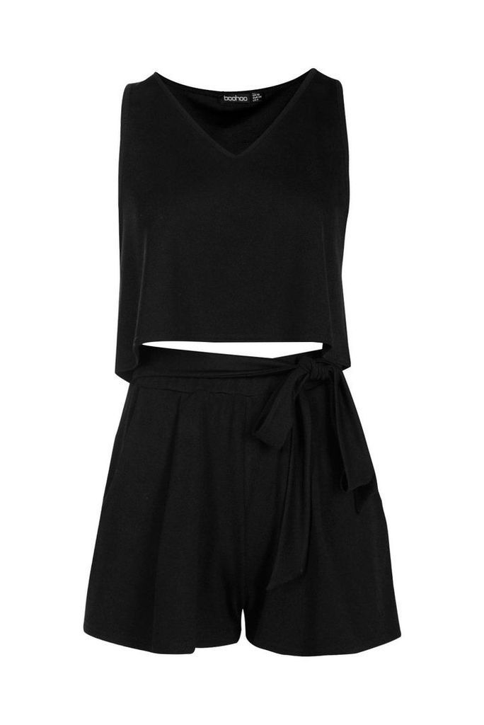 Womens V Neck Top + Tie Short Co-Ord - black - 6, Black