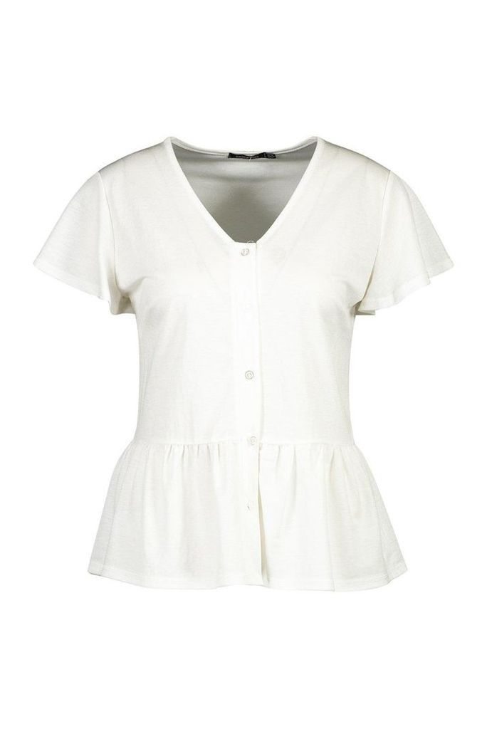Womens Linen Pep Hem Angel Sleeve Blouse - white - 6, White