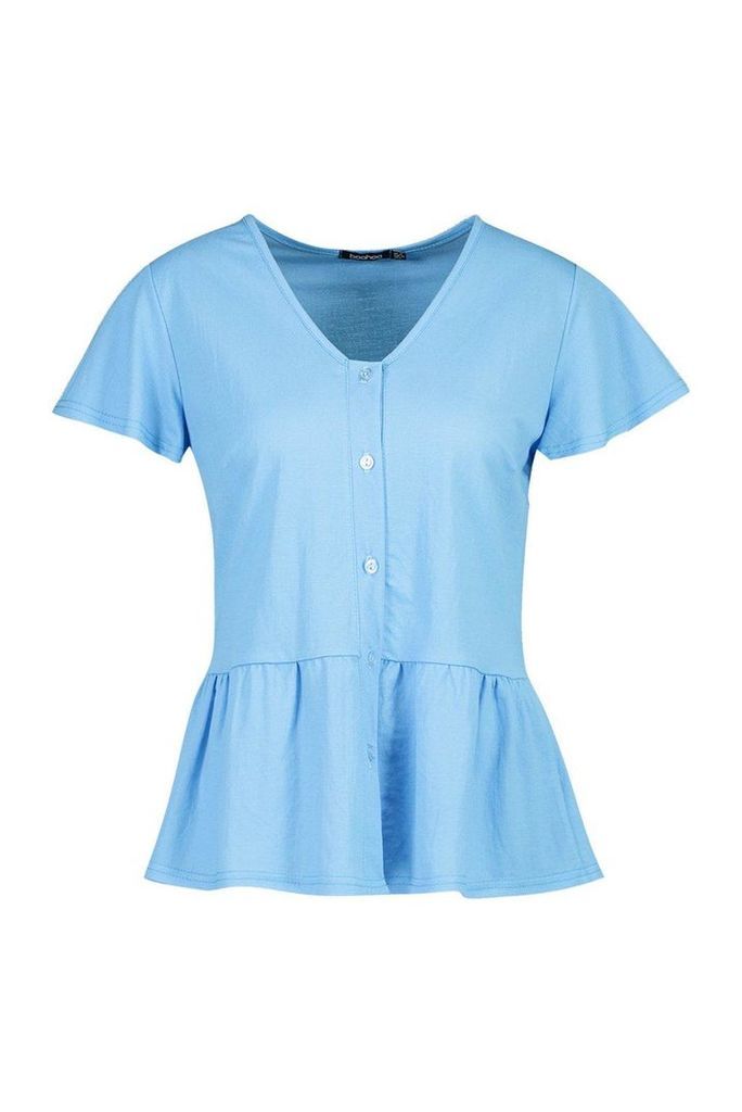 Womens Linen Pep Hem Angel Sleeve Blouse - blue - 10, Blue
