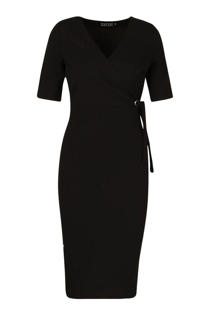 Womens Wrap Over Eyelet Detail Tailored Midi Dress - black - 12, Black