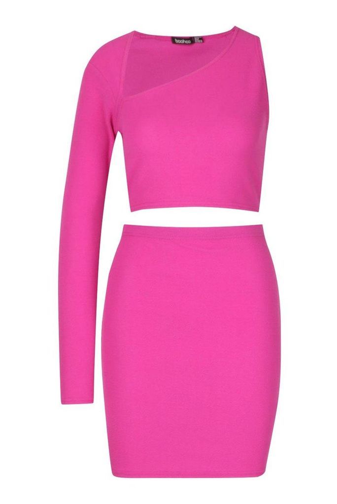 Womens Asymetric One Shoulder Top & Skirt Co-Ord Set - Pink - 12, Pink