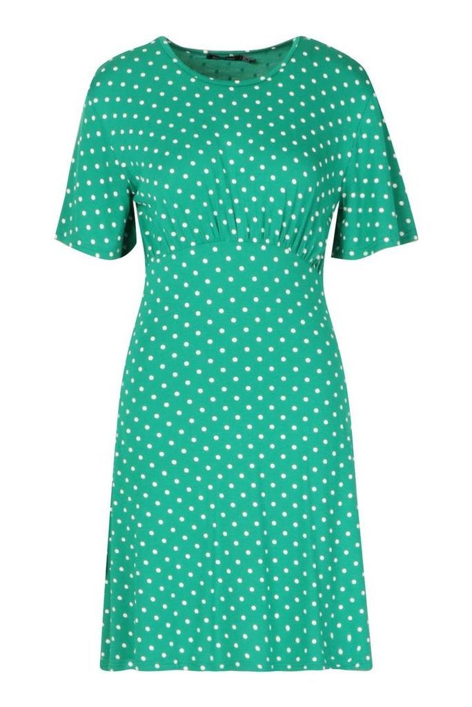Womens Polka Dot Flared Sleeve Jersey Tea Dress - green - 14, Green
