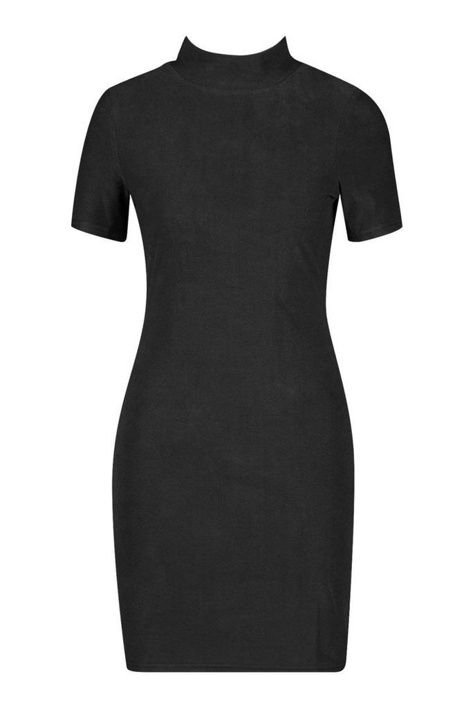 Womens High Neck Suede Bodycon Mini Dress - black - 8, Black