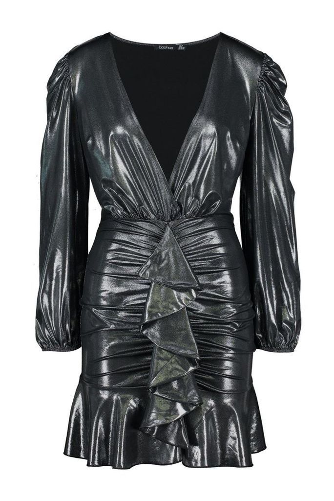 Womens Metallic Ruffle Detail Dress - grey - 16, Grey