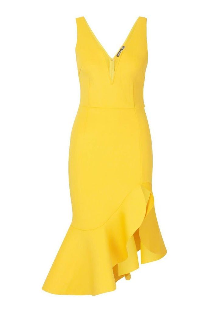 Womens Structured Ruffle Deep Plunge Midi Dress - yellow - 10, Yellow