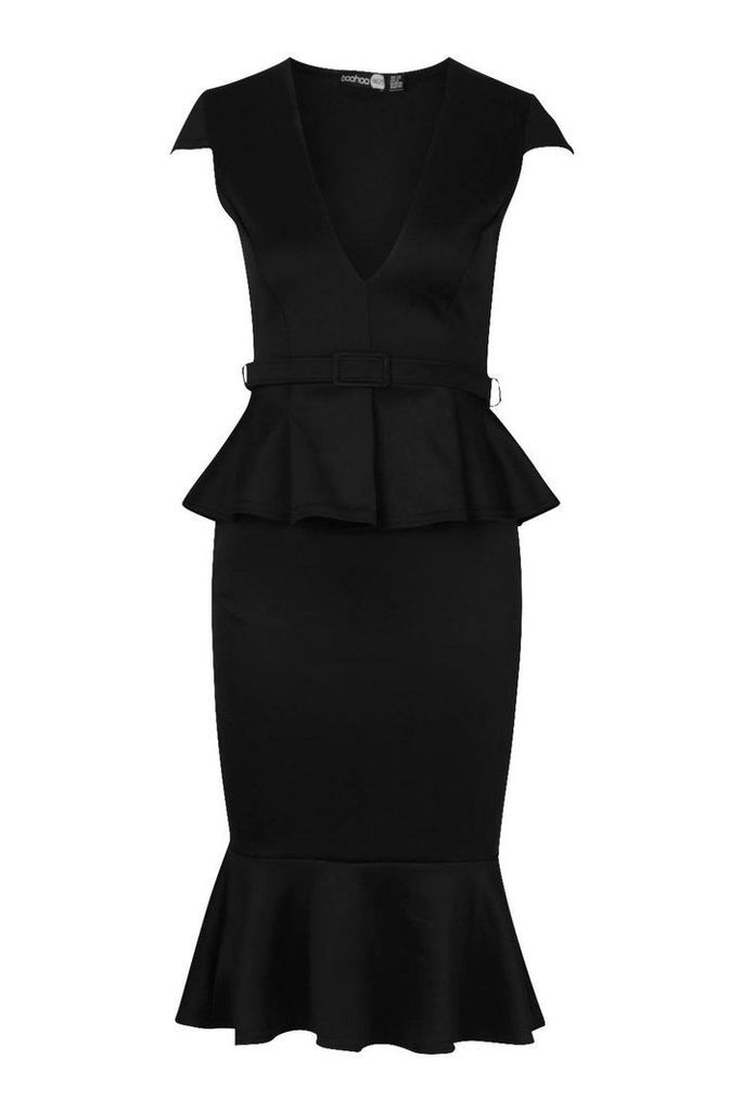 Womens Belted Peplum Midi Dress - black - 10, Black