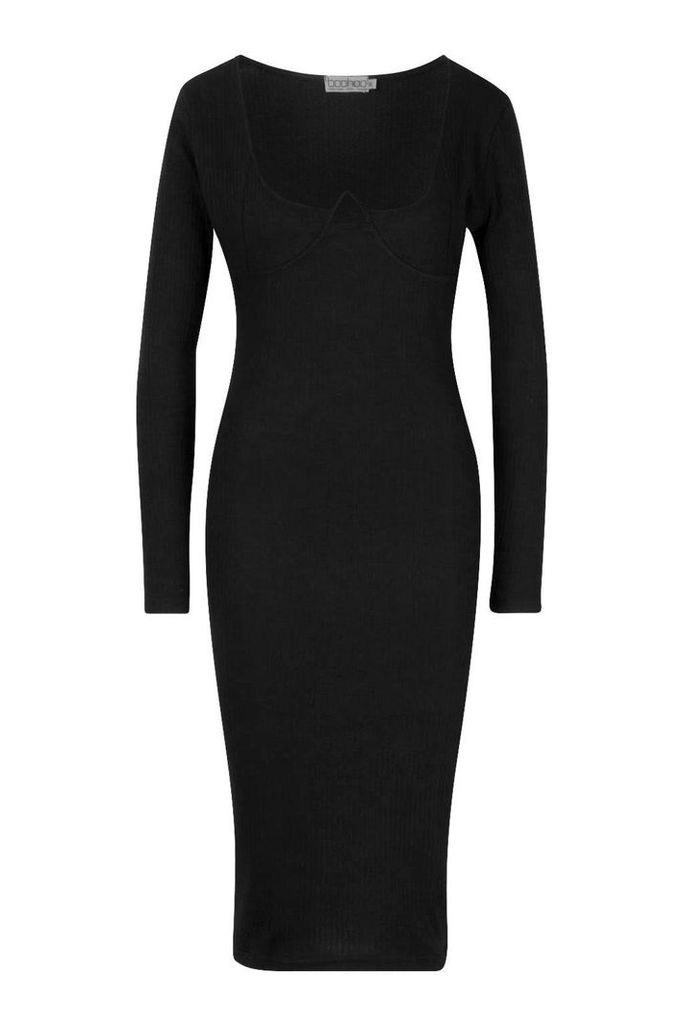 Womens Rib V Bar Long Sleeve Midi Dress - black - 10, Black