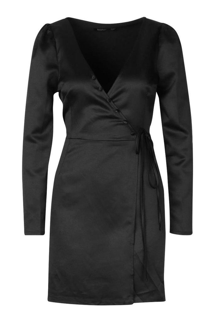 Womens Satin Button Detail Wrap Dress - black - 10, Black