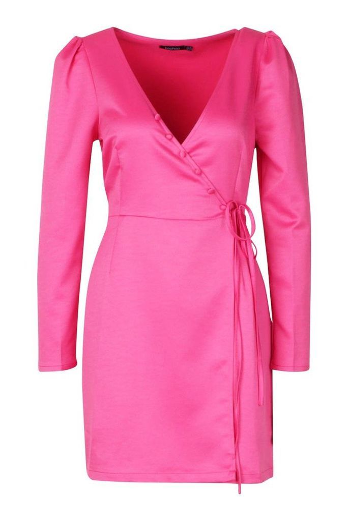 Womens Satin Button Detail Wrap Dress - Pink - 12, Pink