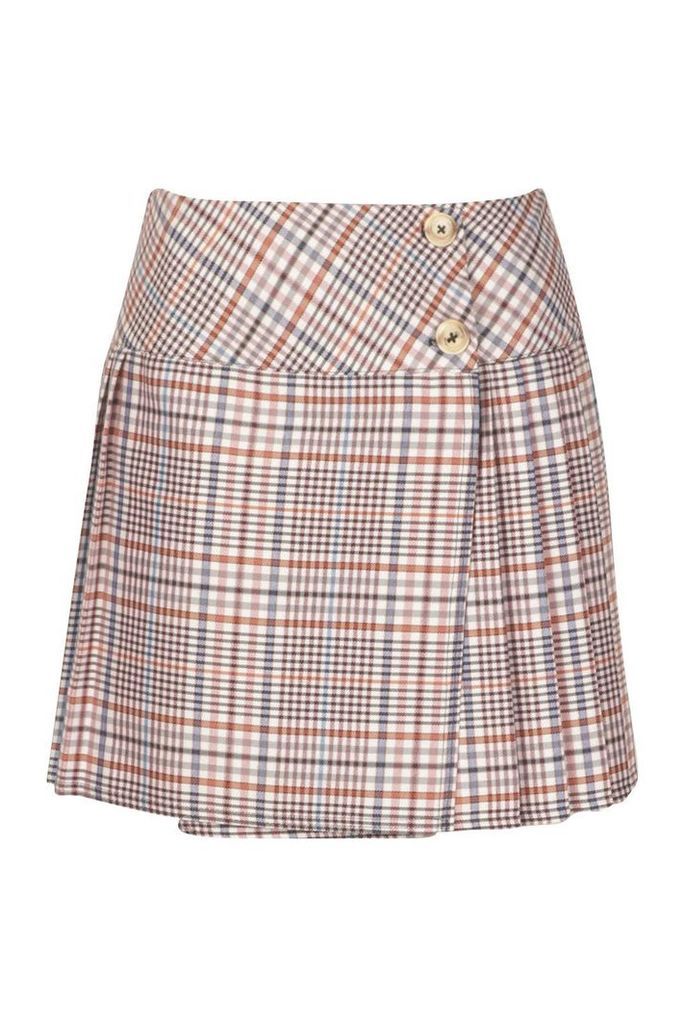 Womens Tonal Check Pleated Mini Skirt - brown - 14, Brown