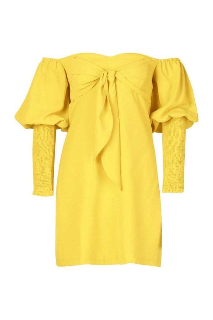 Womens Off The Shoulder Puff Sleeve Shift Dress - yellow - 10, Yellow