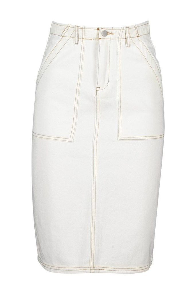 Womens Utility Contrast Stitch Denim Midi Skirt - Cream - 10, Cream