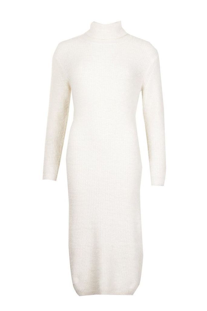 Womens Soft Knit Roll Neck Midi Jumper Dress - white - M, White