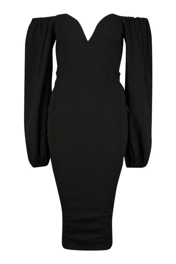 Womens Off The Shoulder V Bar Midi Dress - Black - 6, Black