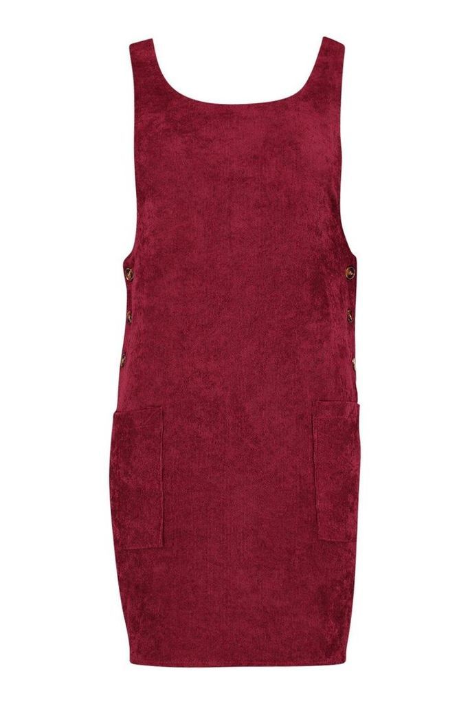 Womens Cord Button Detail Pocket Pinafore Dress - red - 16, Red