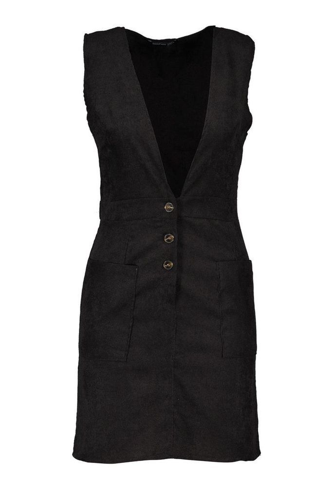 Womens Cord Plunge Button Detail Mini Dress - black - 14, Black
