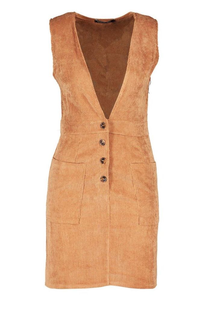 Womens Cord Plunge Button Detail Mini Dress - brown - 12, Brown