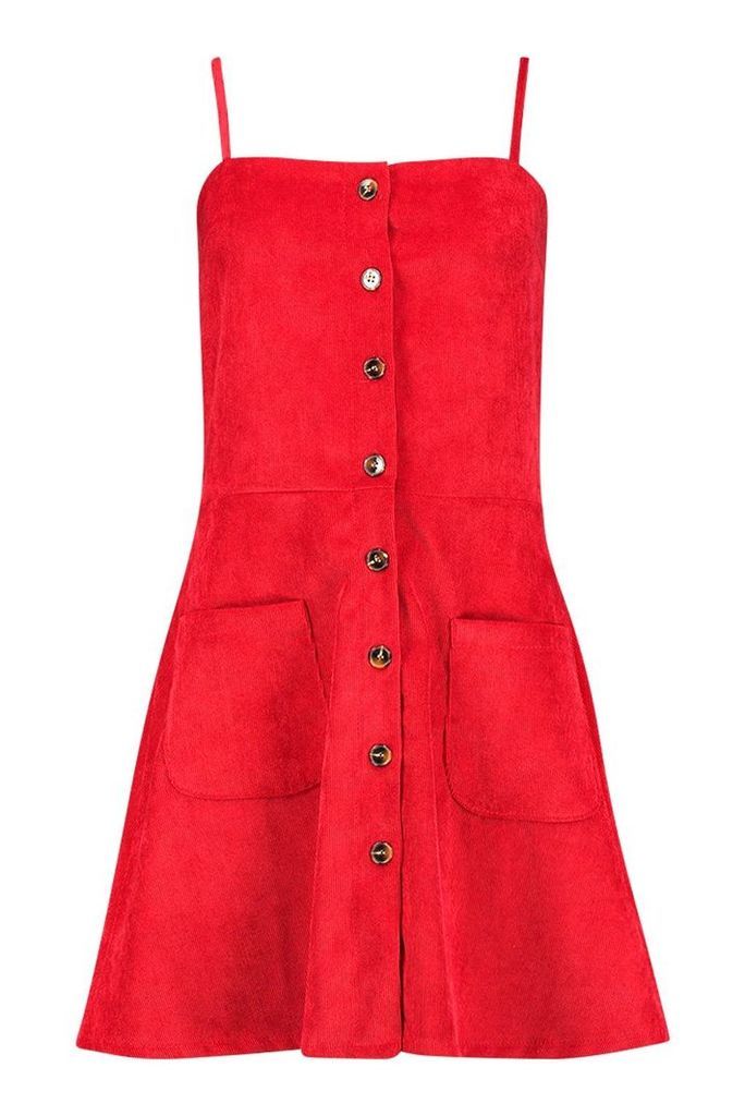 Womens Cord Button Through Skater Dress - red - 8, Red