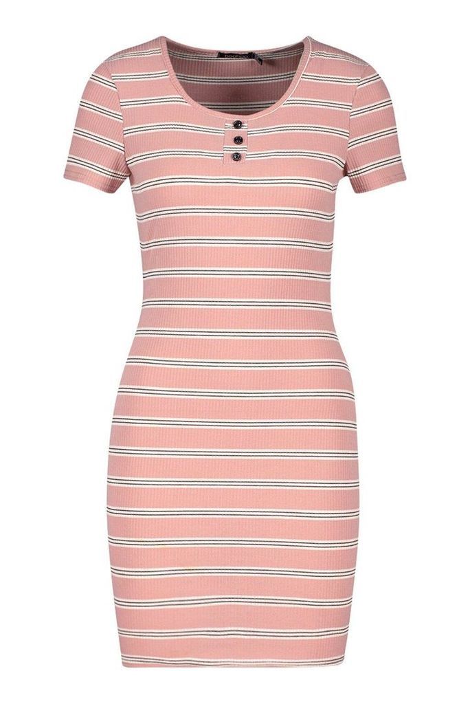 Womens Stripe Ribbed Bodycon Mini Dress - Pink - 10, Pink